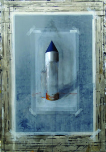 Dariusz Mlącki Deska zrysunkiem z wieżą 185x135 olej na płótnie, Obraz do promocji